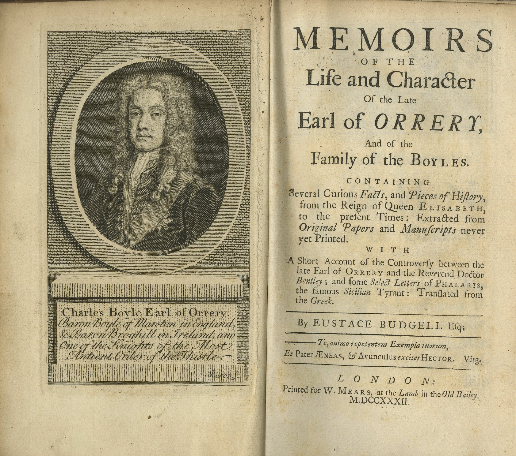 Budgell (Eustace) Memoirs of the Life and Character of the Late Earl of Orrery and of the Family of