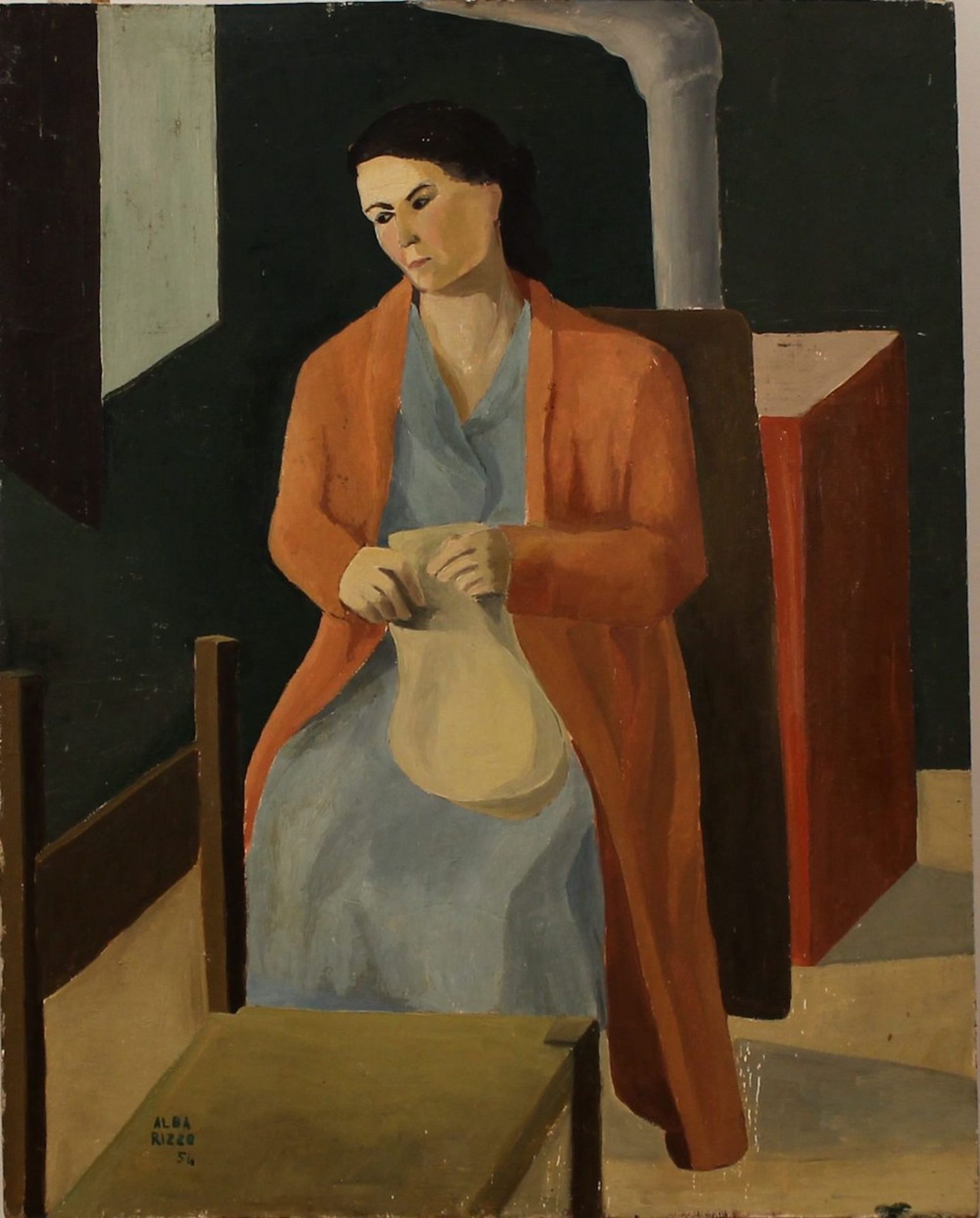 ALBA RIZZO “Donna pensierosa". Interessante dipinto ad olio su tavola in cornice dorata. Datato