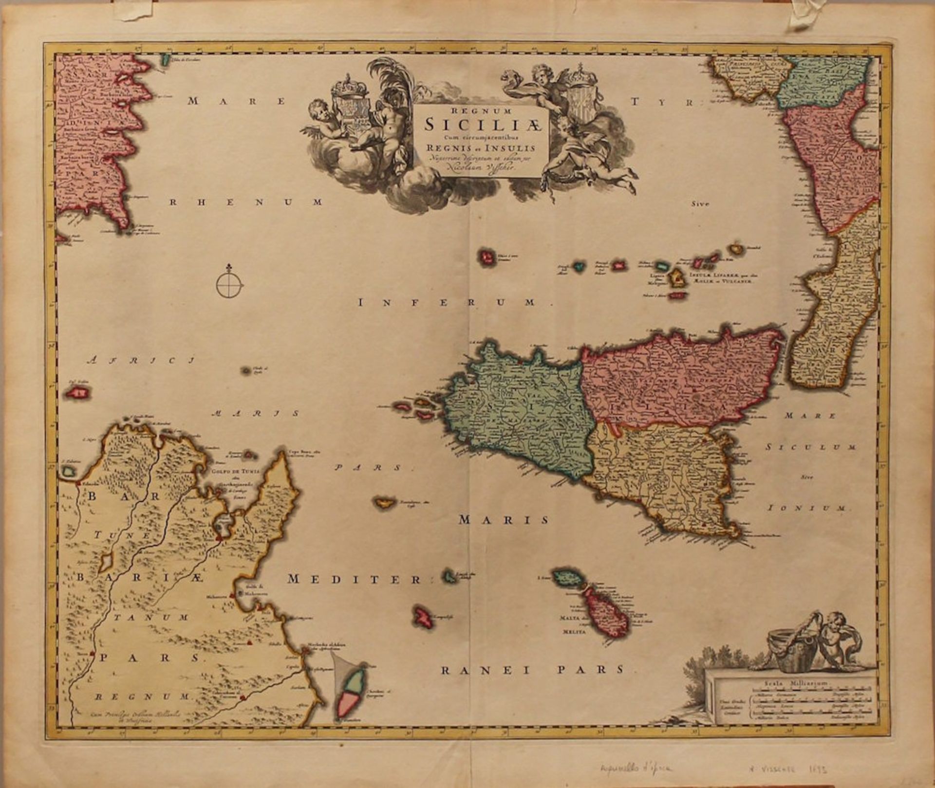 “REGNUM SICILIA"Importante incisione su carta acquerellata. N. Visscher 1695. Cm 52X60