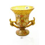 TWO-HANDLED PAINTED YELLOW GLASS VASE