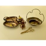 PLATED PICKLE TRAY, PLATED DISH, PLATED LIDDED POT, SMALL PLATED JUG AND PLATED CANDLE SNUFFERS