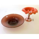 CRANBERRY AND WHITE PAINTED GLASS DISH ON STAND AND LARGE GLASS DISH