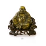 BRASS BUDDHA FIGURE WITH CARVED SEAT