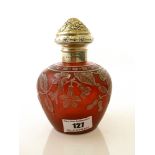 THOMAS WEBB AND SONS SILVER TOP, RED GLASS PERFUME BOTTLE WITH WHITE FLORAL DECORATION