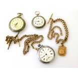 3 ASSORTED POCKET WATCHES, PLATED ALBERT CHAIN AND A 9K GOLD ALBERT CHAIN AND FOB (63g)