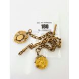 9K GOLD WATCH CHAIN WITH 1912 SOVEREIGN, WEIGHT IN TOTAL 45G