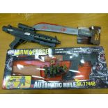 ARMY FORCE TOY RIFLE, STAR WARS TOY RIFLE, FRIDAY 13TH MACHETE AND 5 ELASTOLIN GERMAN SOLDIERS