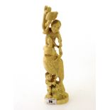 CARVED IVORY CHILDREN AND FISH H: 11”