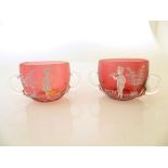 2 x Mary Gregory 2 Handled Glasses 3.5" High and 4" Diameter