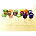 15 ASSORTED COLOURED GLASS DRINKING GLASSES