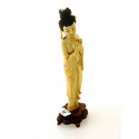 CARVED IVORY LADY ON WOODEN STAND H: 9.5” (EX STAND) APPROX 11” WITH STAND