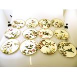 12 STONE AND SONS CRESCENT CHINA BIRD PLATES D: 9” (1 HAS BEEN REPAIRED, SOME HAVE CHIPS)