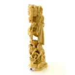 CARVED IVORY MAN CARRYING BASKET WITH CHILDREN H: 11.5”