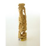 CARVED IVORY MAN WITH BIRD AND DRAGON H: 13.5”
