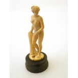 CARVED LADY FIGURE ON STAND (DAMAGE TO NECK AND FEET) H: 6” (5” EXL BASE)