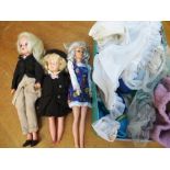 SMALL BOX OF 3 ASSORTED DOLLS WITH ASSORTED CLOTHES AND ACCESSORIES, AND A HORSE