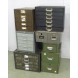 Three five drawer steel cabinets; together with three single steel drawers and two others,