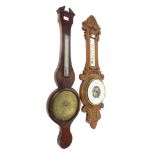 Early mahogany inlaid banjo barometer/thermometer in need of restoration, the 8" brass dial within a