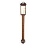 Mahogany and chevron banded stick barometer, signed Dom Barelli, London on the silvered register