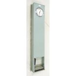 Electric master wall clock, the 5.5" silvered dial within a light grey case with pendulum window,