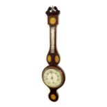 Mahogany and inlaid banjo barometer/thermometer, the 8" cream dial within a chevron banded case