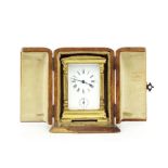 Miniature French carriage clock with alarm, within a pillared rounded arched stepped brass case,