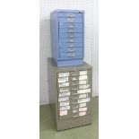 Ten drawer steel cabinet, 27.5'' high, 24'' deep; together with a nine drawer steel cabinet 23.