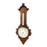 Rosewood inlaid barometer/thermometer, the 8" cream dial signed Finnigans Limited, Manchester,