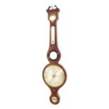 Mahogany five glass banjo barometer, the 8" silvered dial within a shaped boxwood banded case