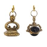 Fancy 9ct swivel fob pendant, 8.3gm, 30mm; also a 9ct gold cast seal fob, 13.8gm, 29mm (2)