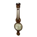 English mahogany inlaid banjo barometer/thermometer, the 8" silvered dial signed F. Donegani,