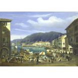Italian school (19th century) - 'Porto di Como', Italian harbour scene with figures and boats by a