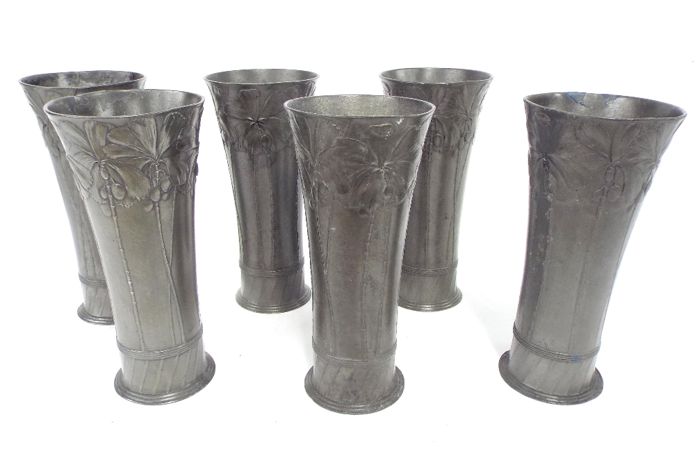 Orivit - harlequin set of six pewter beakers, with relief palm design, numbered 2165 to the base, 7"