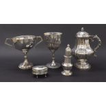 Silver twin-handled pedestal cup, London 1916, maker 'CBS', 6.5" high, 7.3oz; oval silver trinket