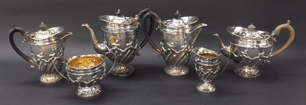 Fine Victorian six piece silver tea service comprising teapot, coffee pot, two water jugs, milk