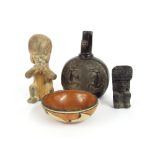 Tribal interest - four pre-Colombian pieces to include Aztec votive figure, Mexico, 1300-1500 AD,