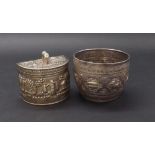 Victorian silver bowl in the Eastern manner, decorated with panels of Buddhistic deities and