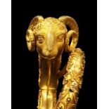 Fine Italian Etruscan revival gold ram's head bangle, modelled as a ram's head with large curling