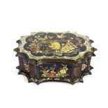 Decorative chinoiserie lacquered box decorated with birds, figures and flowers, fitted with mother