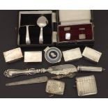 Mixed collection of bijouterie silver to include four matchboxes, two vesta cases, silver lidded
