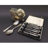 Victorian silver plated cornucopia spoon warmer with hinged lid; together with two Kings pattern