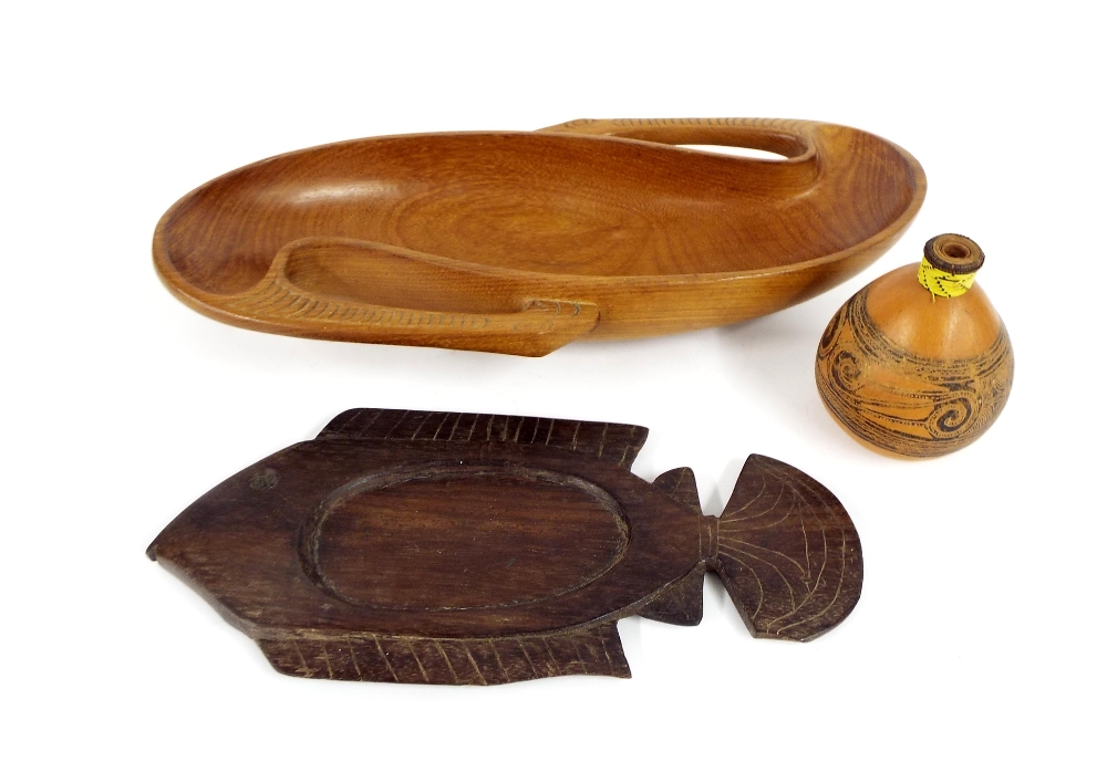 Tribal interest - Polynesian carved wooden dish in the form of a fish, 14" long, 7.5" wide; together