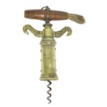 Rare Thomason type variant corkscrew with double birds head raising handle, the barrel with two