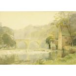 Donald Urquhart (born 1963) - a viaduct over a weir, signed, watercolour, 10.25" x 14.25"