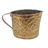 Polished copper grain measure embossed with a hunting scene with rabbits, deer and scrolled foliage,