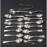 Collection of Georgian and later silver small spoons; together with a pair of silver sugar nips, 9oz