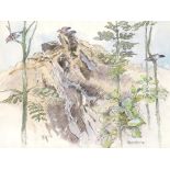 Eric Ennion (1900-1981) - landscape study with three jays, signed, watercolour, 11" x 14.5"