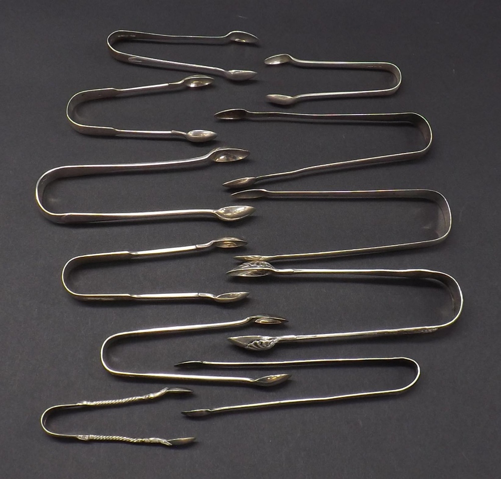 Collection of silver Georgian and later sugar tongs, 11.5oz approx (11)