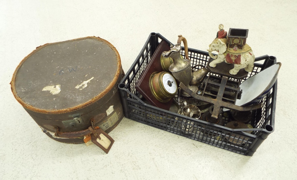 Miscellaneous items to include an antique leather hat box, bulkhead clock and barometer, metalware