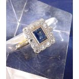 18ct and platinum rectangular sapphire and diamond cluster ring, 12mm x 10mm, ring size K
